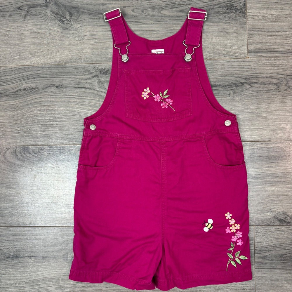 Vintage Talbots Kids Magenta Floral Bee Embroidered Cotton Overalls Romper 8